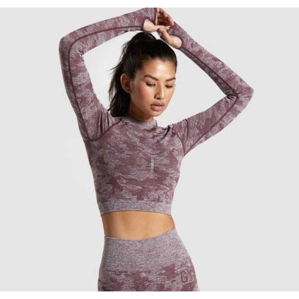 Gymshark Adapt Camo Seamless Long Sleeve Crop Top Berry Maroon Cutout Small